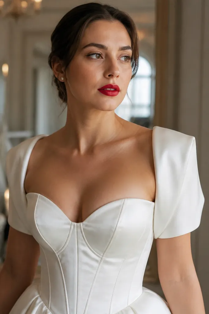 White silk corset dress with glossy red lip and tiny stud earrings
