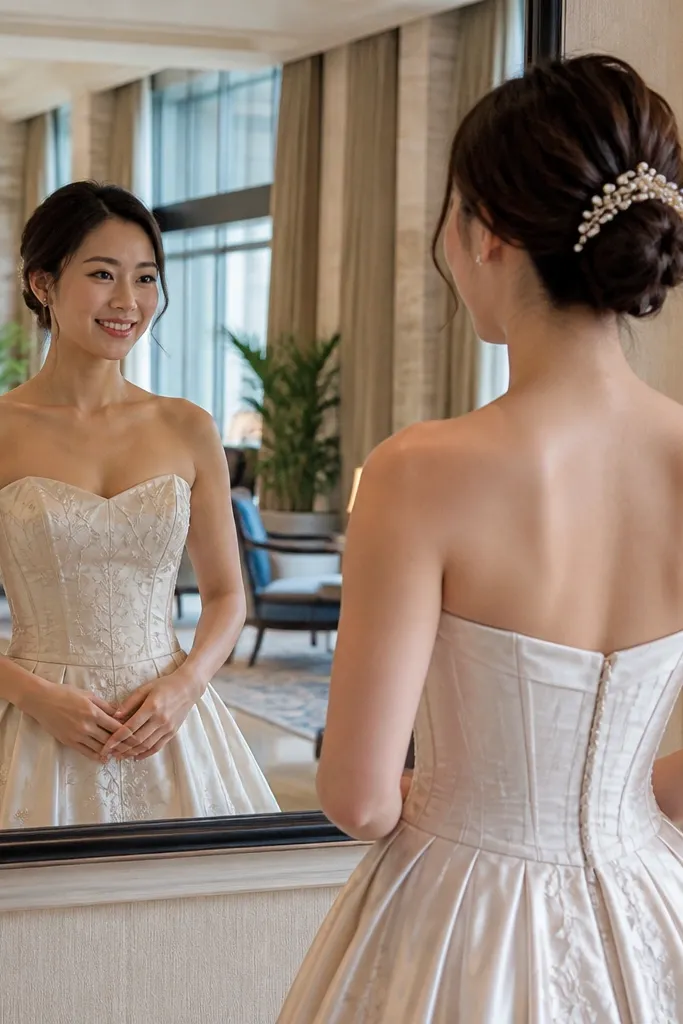 Champagne corset wedding dress with a pearl hair comb and strapless lingerie