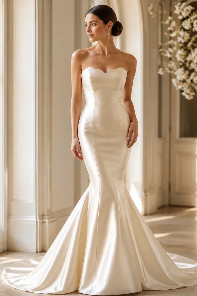 Champagne silk satin mermaid dress with a scalloped neckline and fitted waist