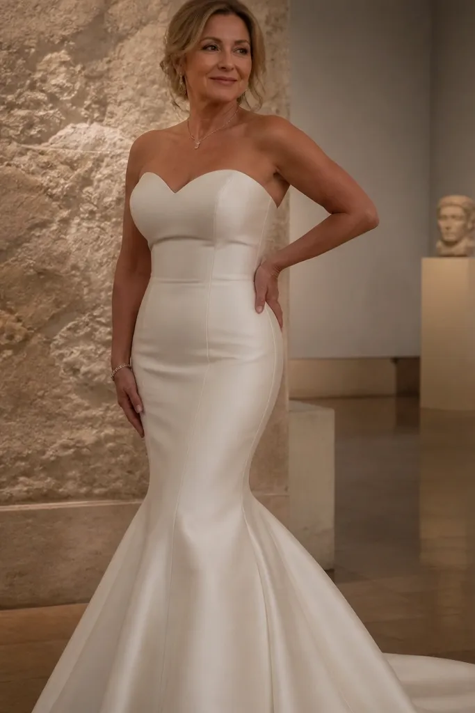 Ivory silk crepe mermaid dress with a sweetheart neckline and fitted skirt