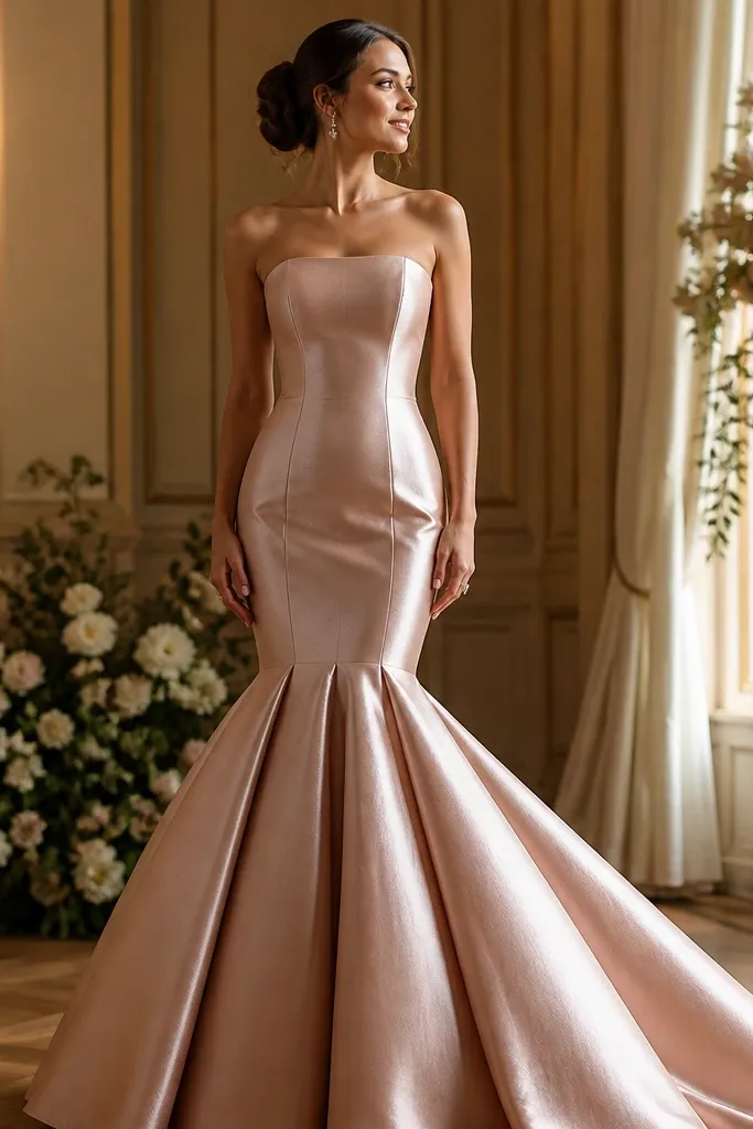 Rose gold silk mikado mermaid dress with a structured bodice