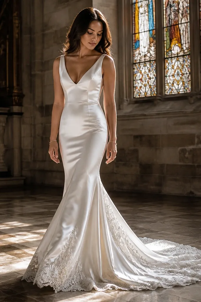 Pearl white silk charmeuse mermaid dress with lace at the hem