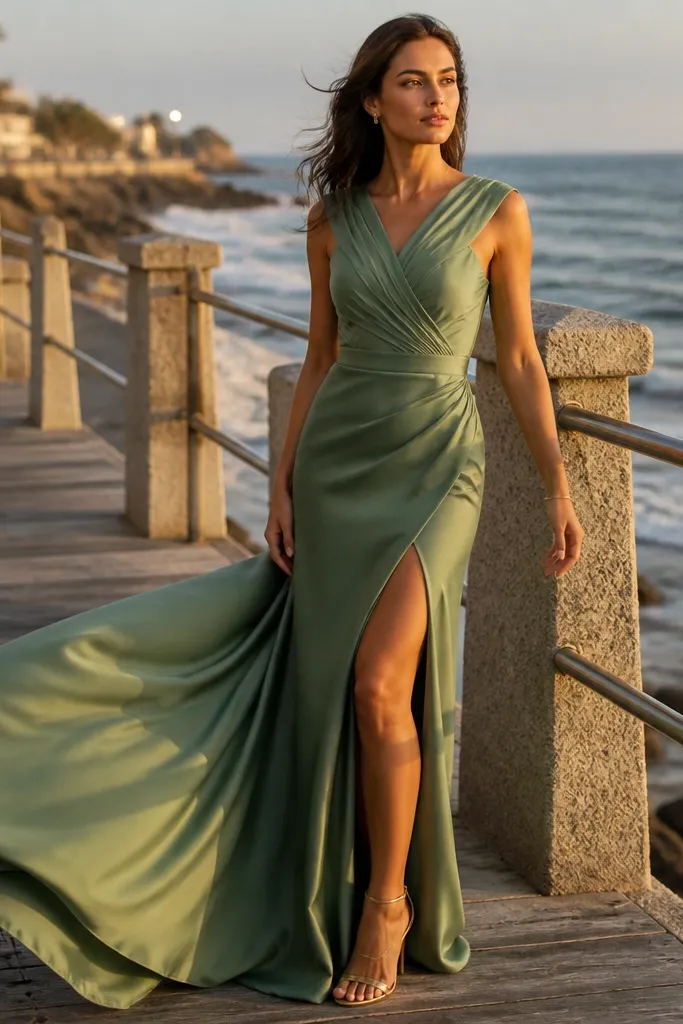 Sage green silk crepe mermaid dress with a high thigh slit