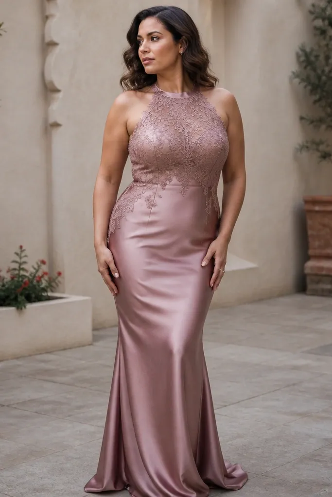 Dusty rose silk satin mermaid dress with lace bodice panel