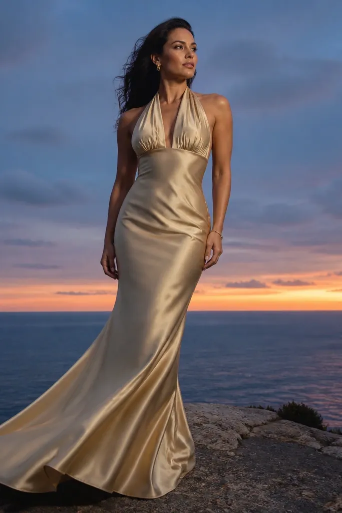 Gold champagne silk charmeuse mermaid dress with a halter neckline