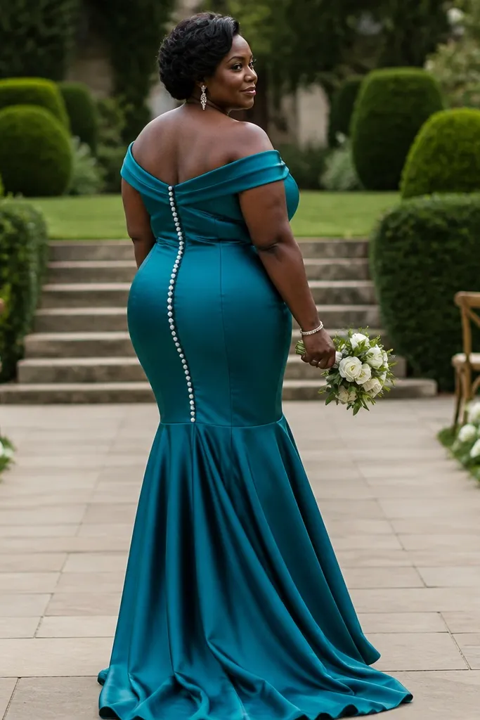 Teal silk crepe mermaid dress with pearl buttons on the back