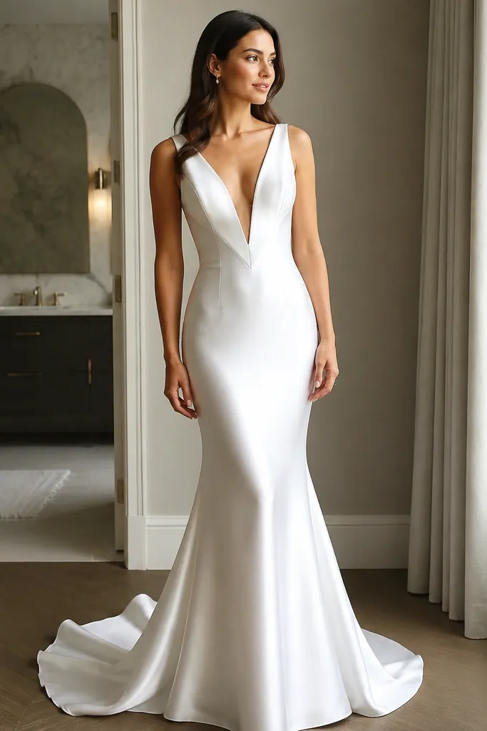 White silk satin mermaid dress with a plunging V waist seam detail