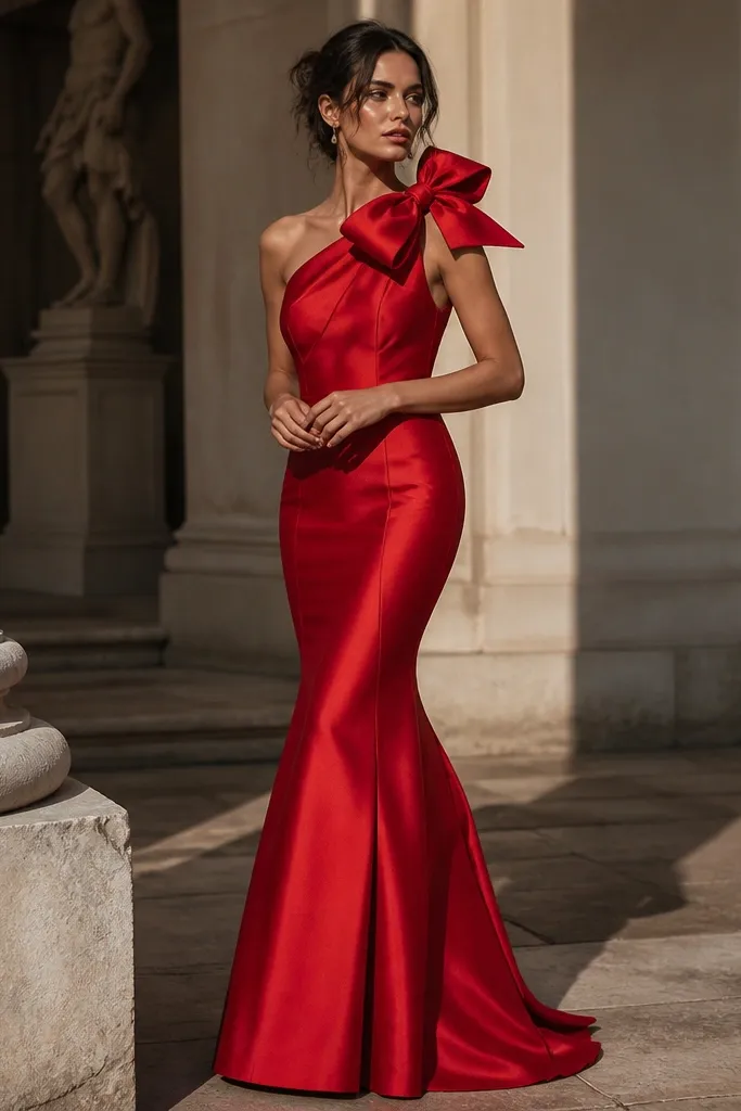 Red silk mikado mermaid dress with a one-shoulder bow detail