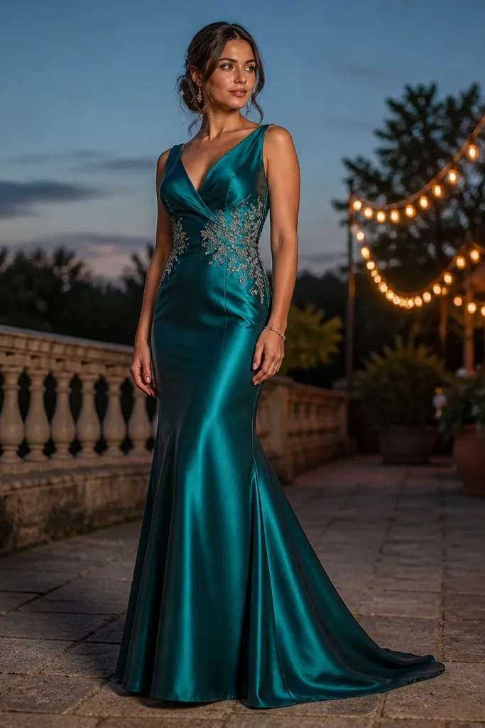 Teal silk satin mermaid dress with an embroidered waistband
