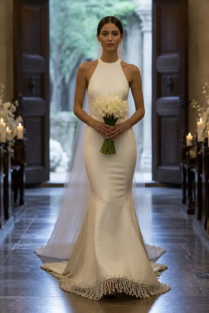 Ivory silk crepe mermaid dress with a pearl fringe at the hem