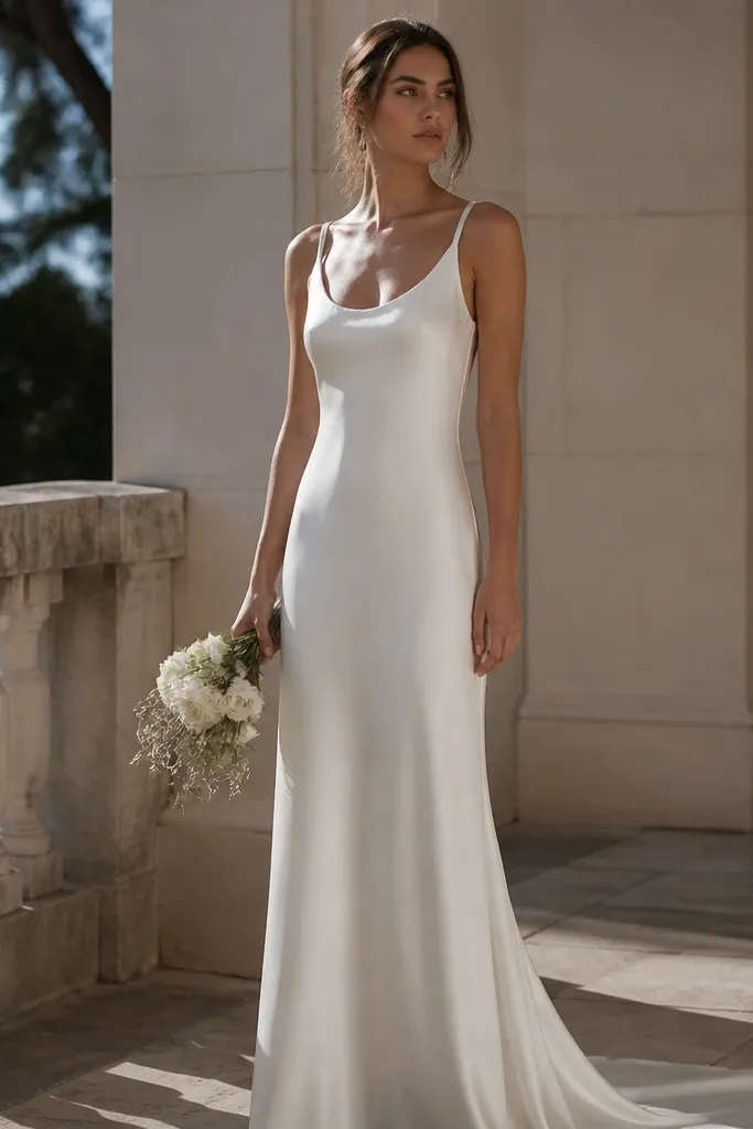 Ivory silk slip dress with a straight scoop neckline and thin straps