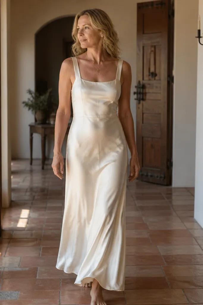 Soft champagne square-neck silk slip with a higher waist seam and smooth drape