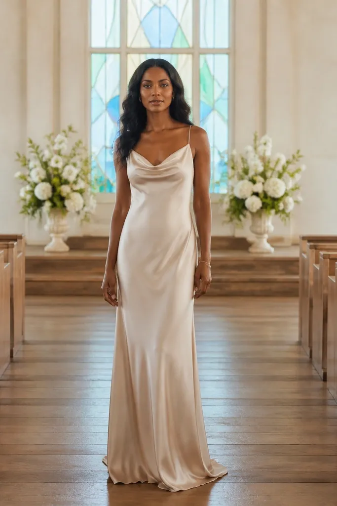 Ivory silk slip dress with a draped cowl neckline and narrow straps
