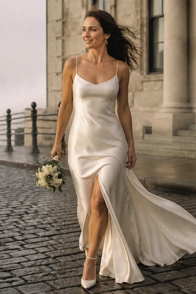 Champagne silk slip with a side slit and long bias skirt panels