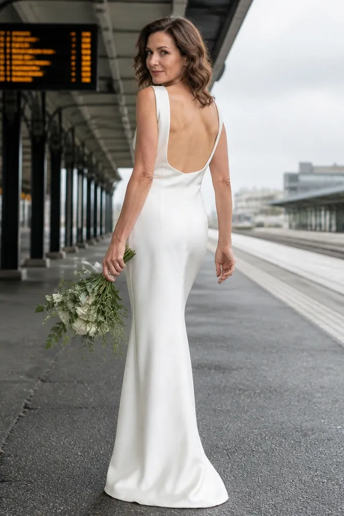 Pearl silk slip dress with a soft square back and a straight hem