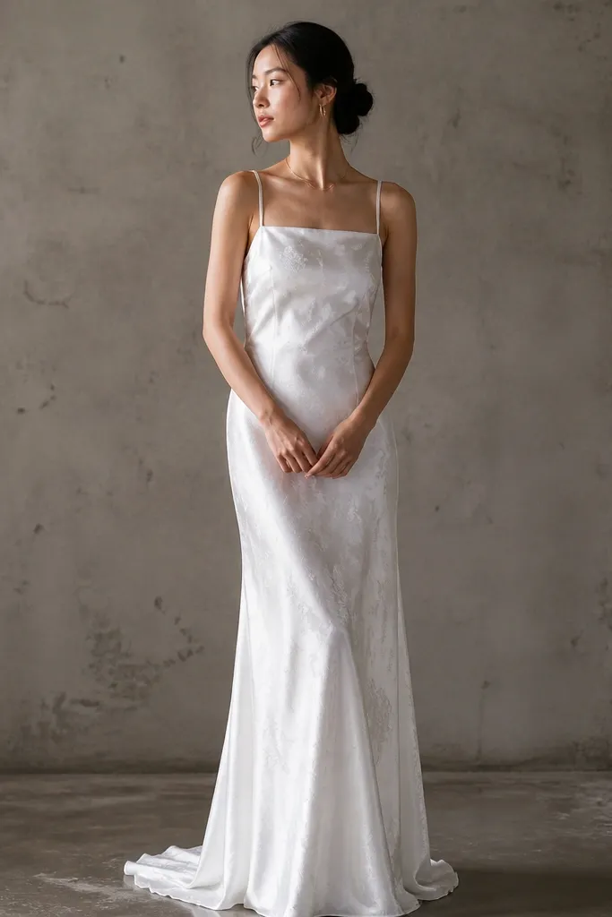 Ivory satin-textured silk slip dress with a straight neckline