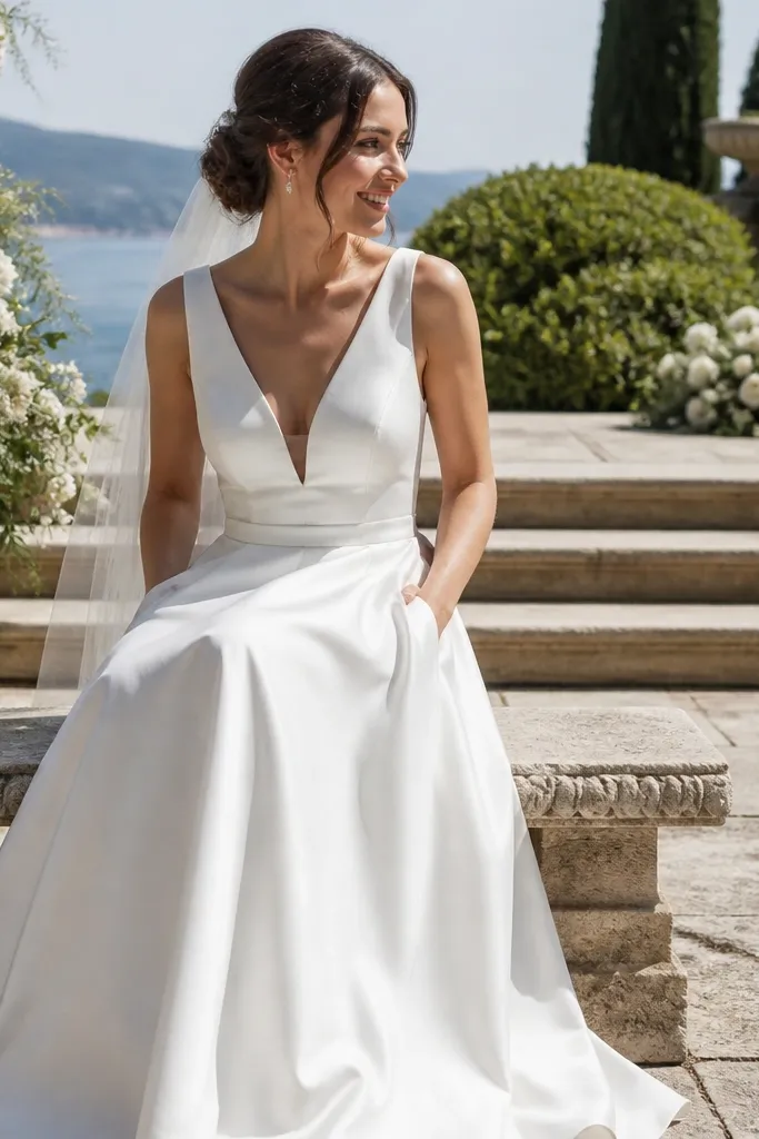 Ivory silk crepe de chine A-line wedding dress with subtle sheen