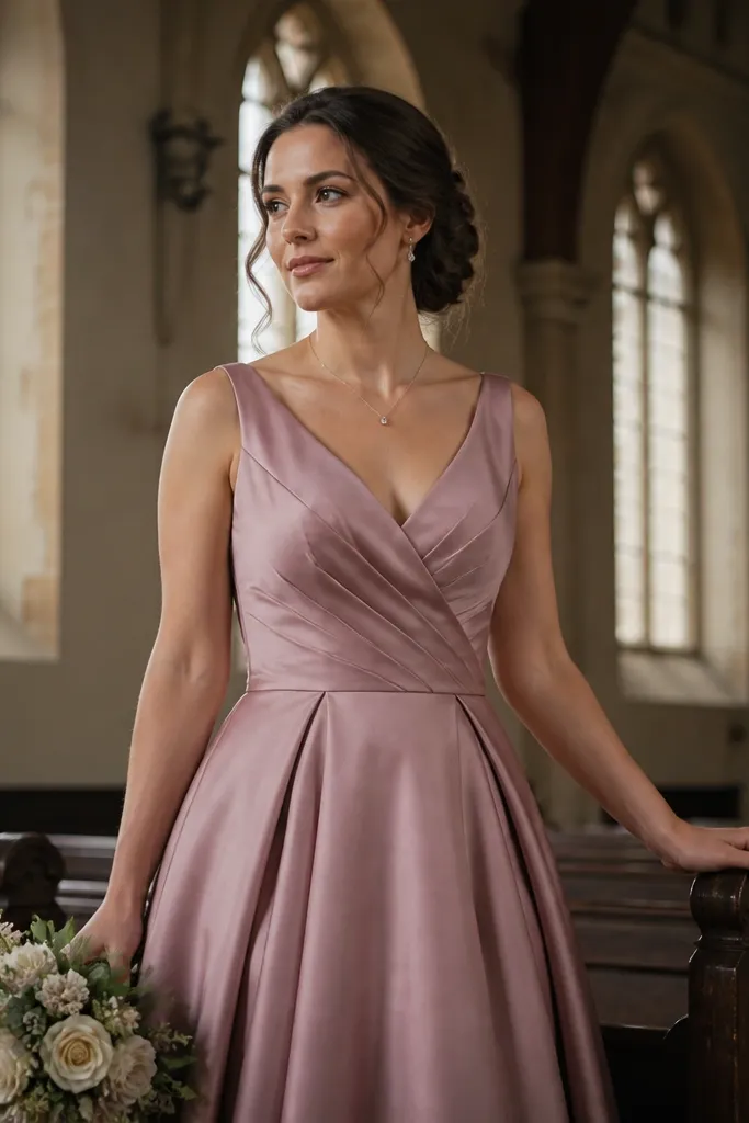 Soft ivory wedding gown with a structured skirt and silk sheen
