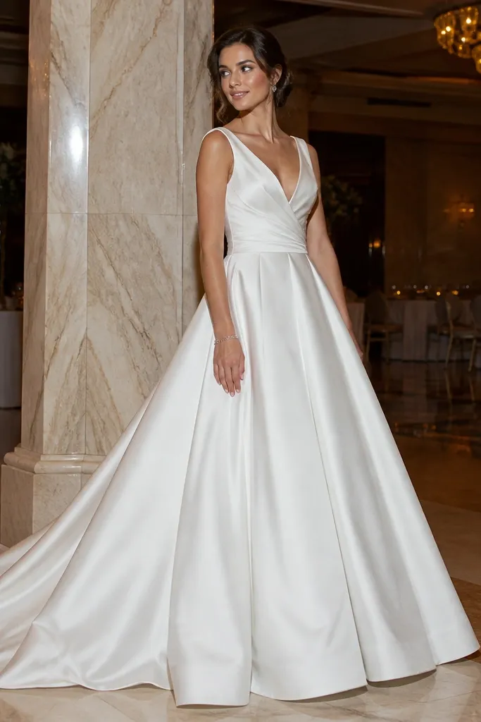 White satin mikado ballgown with structured bodice and full skirt