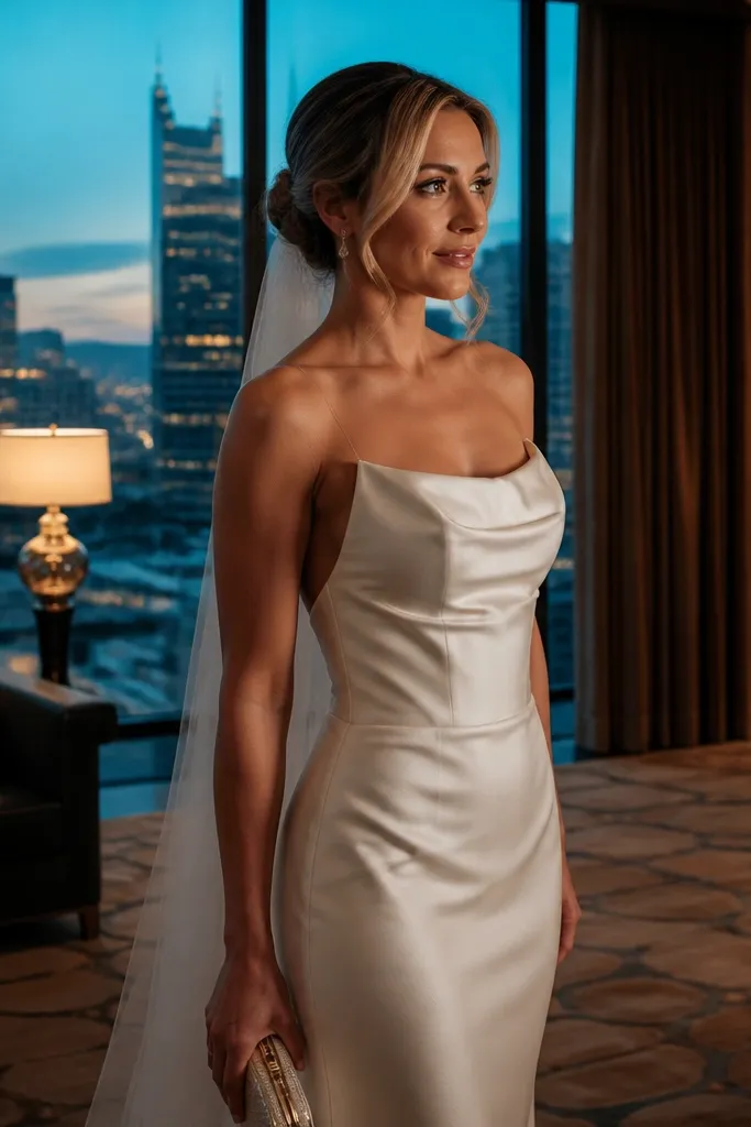 Champagne satin sheath wedding dress with a straight silhouette