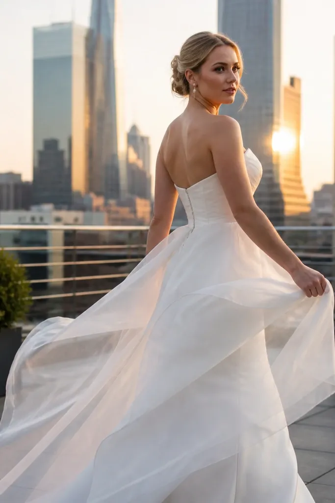 White wedding dress with sheer silk organza overlay over a satin lining