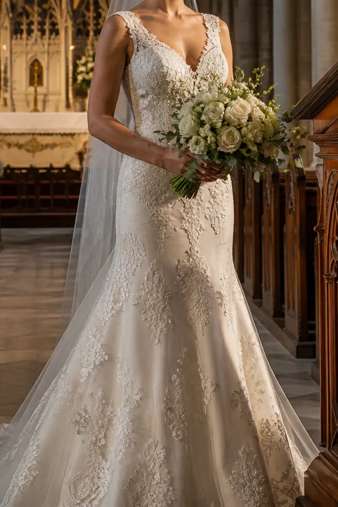 Ivory satin wedding dress with lace appliques over the bodice