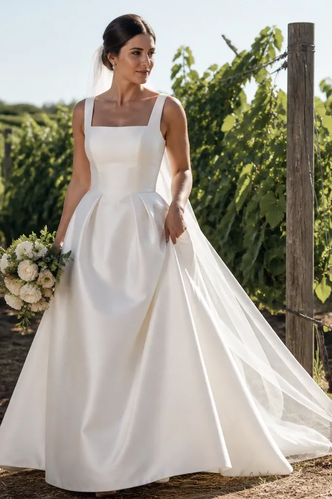 Structured ivory silk wedding gown with a defined waist and sculpted skirt