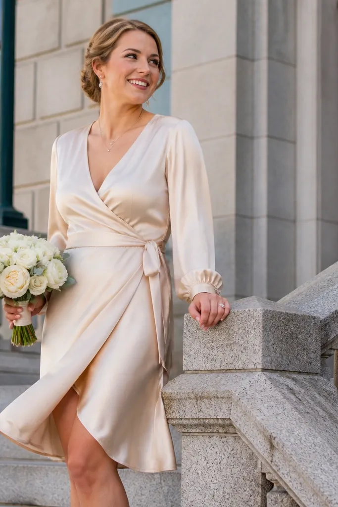 Cream satin wrap wedding dress with a soft V neckline
