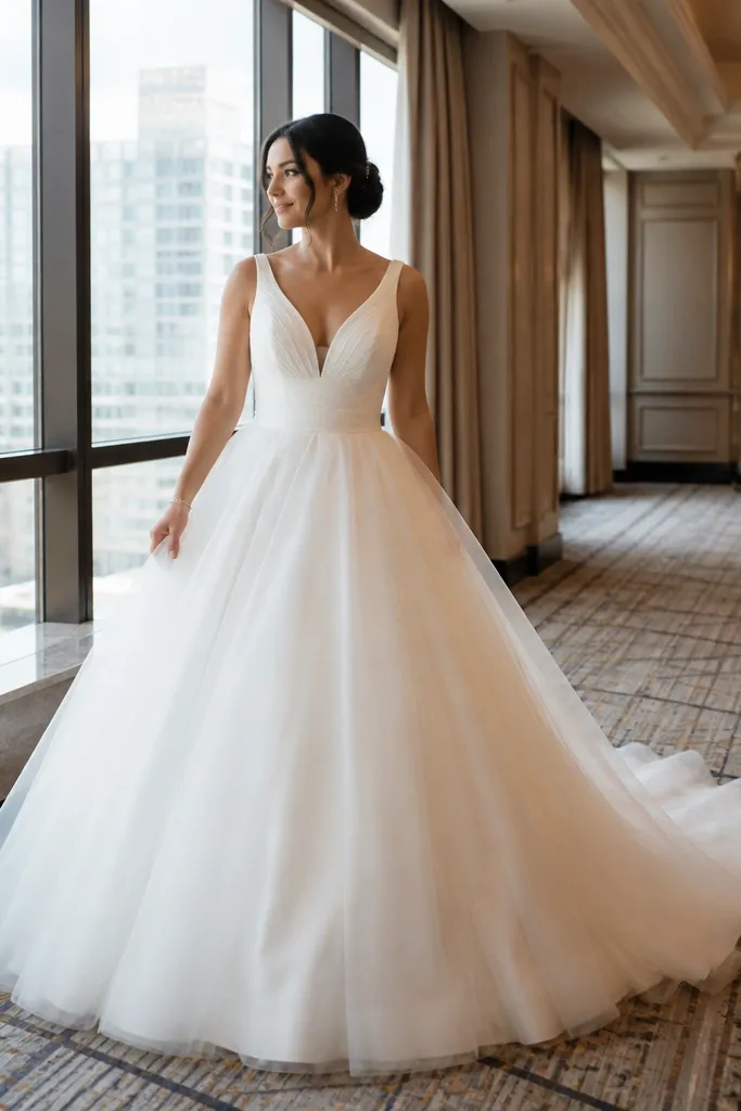 White satin ballgown with a soft tulle outer layer