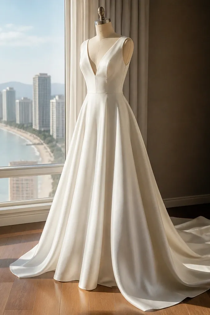 Warm ivory wedding dress with a soft crepe texture and gentle sheen