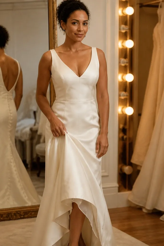 Ivory satin wedding dress with smooth inner lining and structured bodice