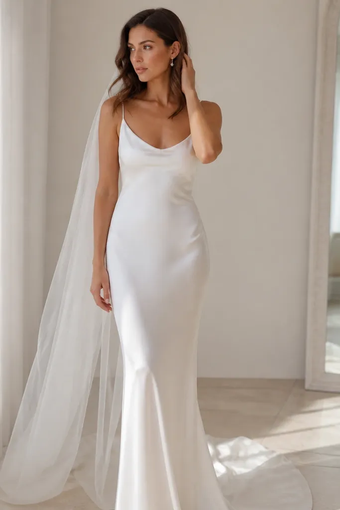 Ivory silk slip dress with a bias-cut drape and low scoop neckline