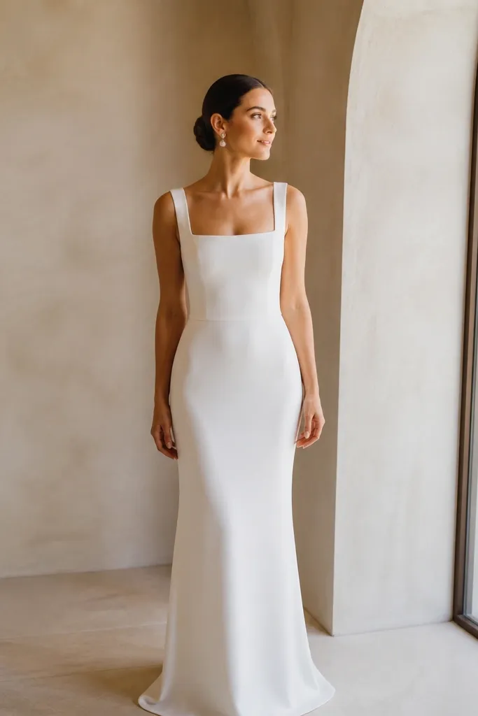 Cream silk crepe column dress with a square neckline and straight skirt