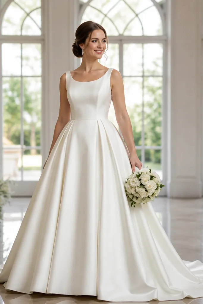 Ivory satin A-line dress with gentle pleats starting at the waist