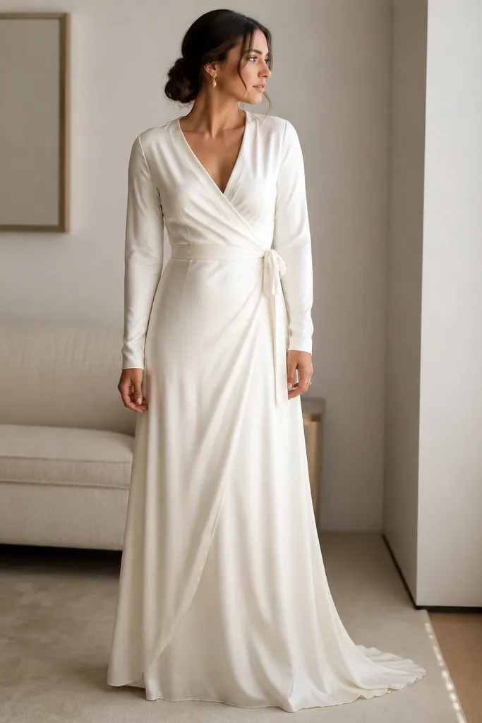 Ivory silk charmeuse wrap wedding dress with a tie waist and clean button closure