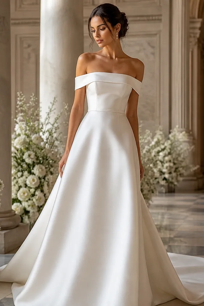 Ivory satin off-shoulder wedding dress with clean straight neckline