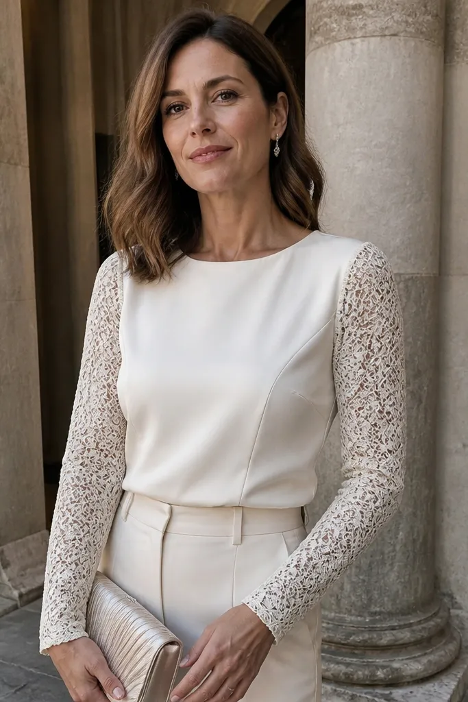 Ivory silk crepe bodice with long sleeves that look like lace