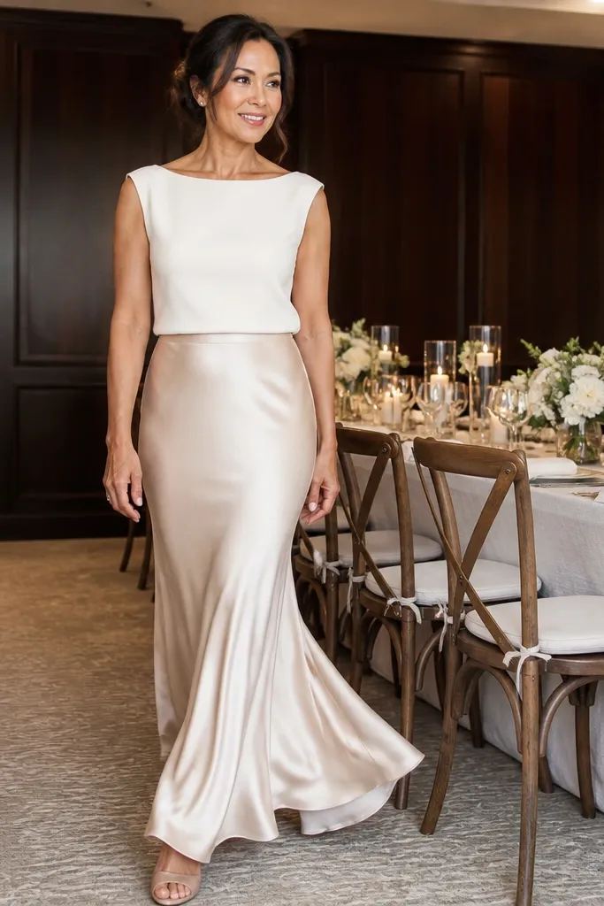 Two-piece look: satin bias-cut skirt with a plain crepe bodice