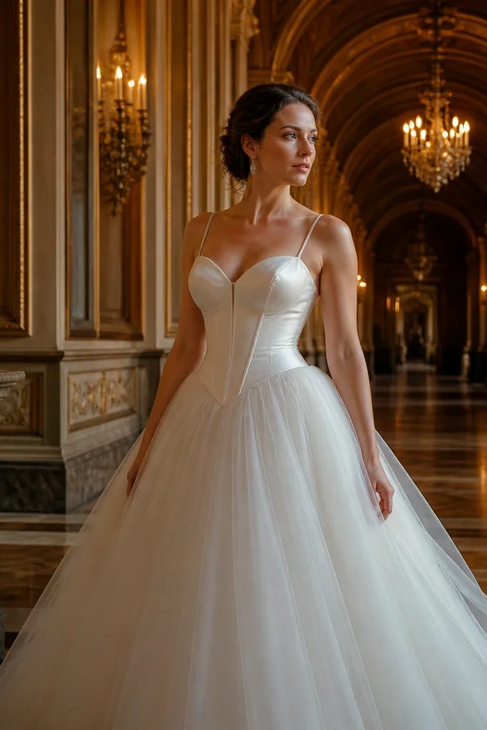 Ivory charmeuse corset bodice with a full tulle skirt