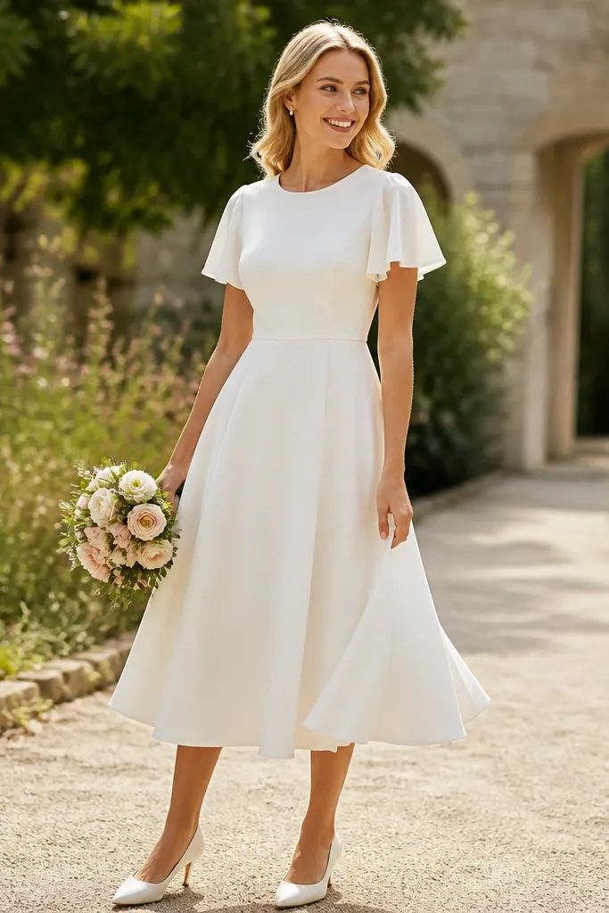 Cream silk crepe tea-length dress with light flutter sleeves