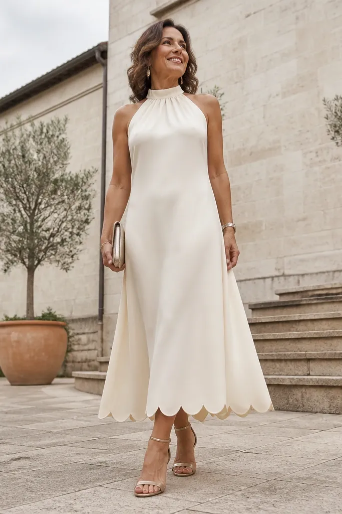 Ivory silk crepe halter dress with a scalloped hem edge