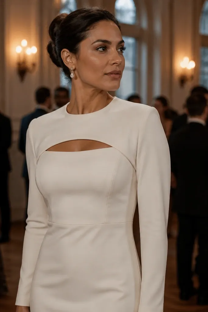 Ivory silk crepe dress with separate long-sleeve overlay panels