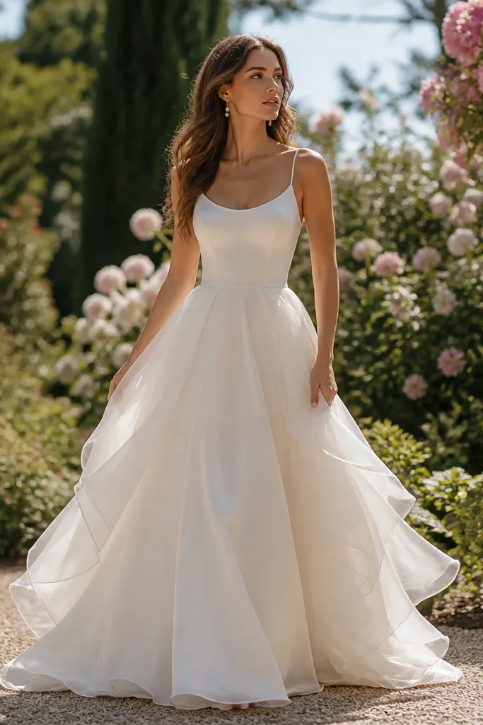 Ivory satin dress with thin layered skirt panels
