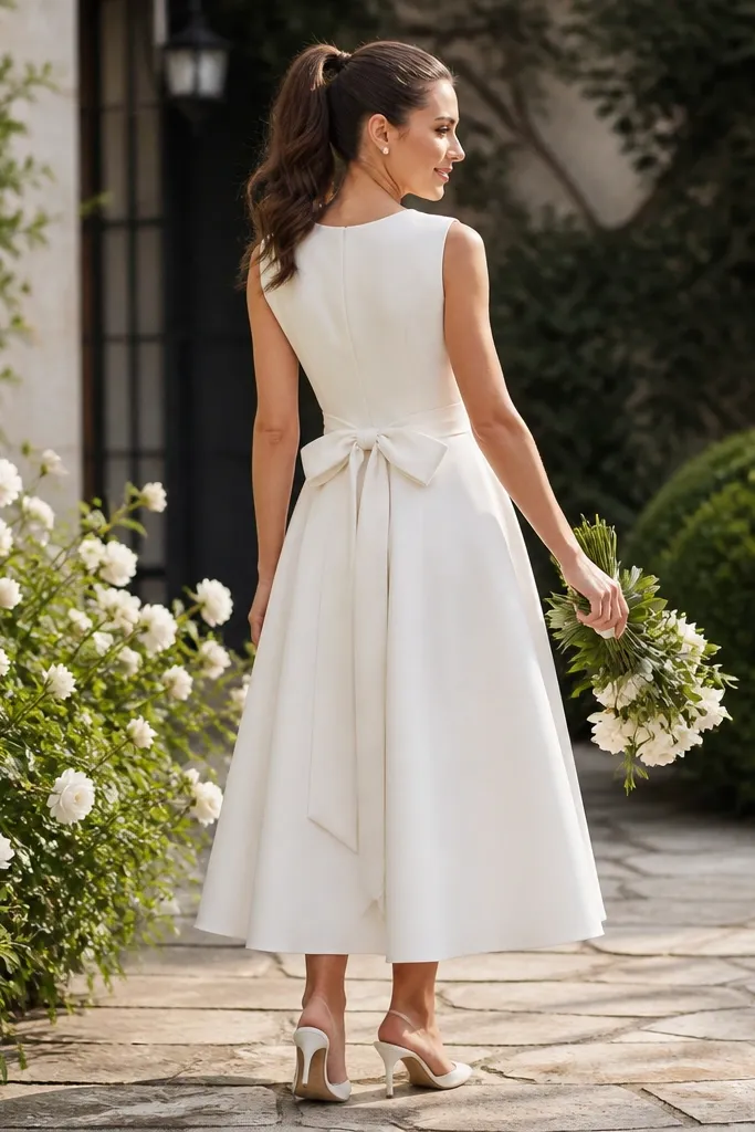 Cream silk crepe tea-length dress with a tie-back bow