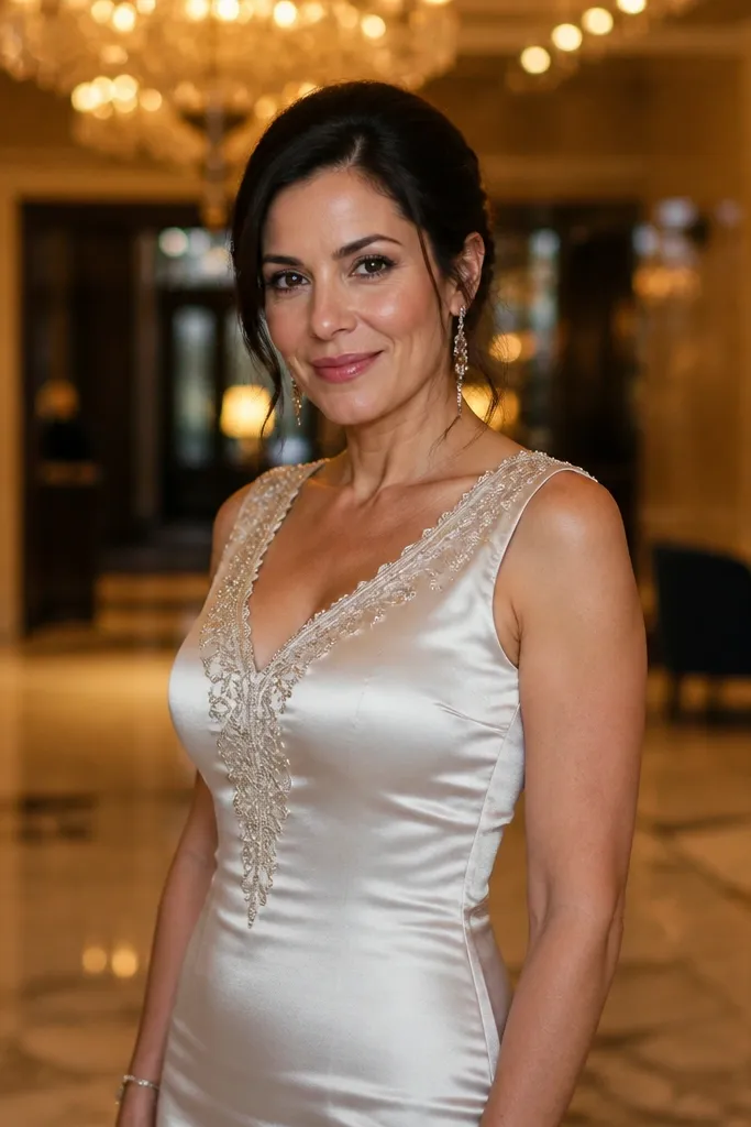 Ivory silk sheath dress with a V neck and subtle embroidered details