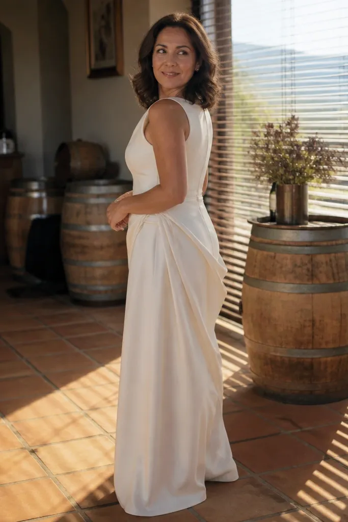 Ivory silk crepe fitted bodice with a draped overlay skirt
