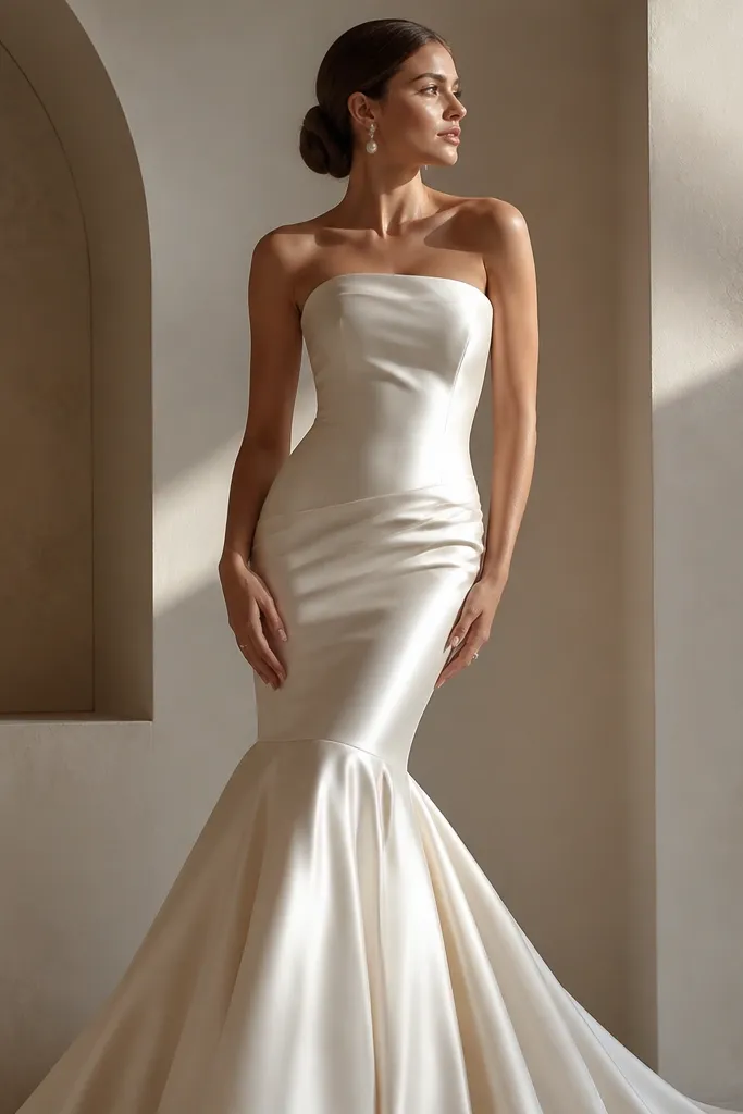 Ivory satin mermaid dress with an off-center seam line at the waist