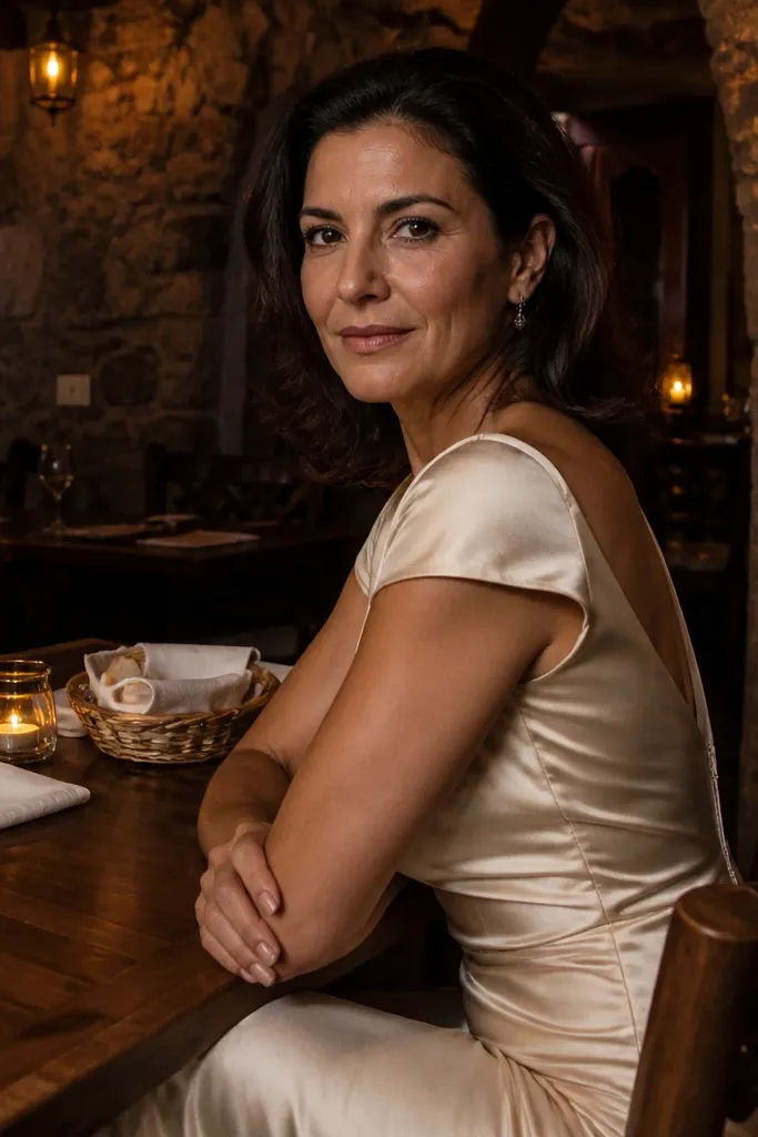 Ivory cap-sleeve silk dress with a back zip and a flowing skirt in warm candlelight
