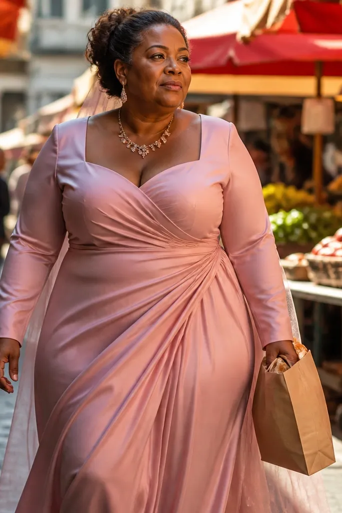 Dusty rose long-sleeve silk crepe dress with a modest neckline and market street behind