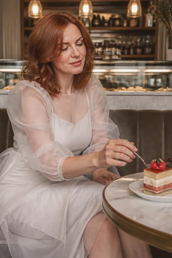 Soft white organza-sleeved slip wedding dress with a tea-length skirt in a cafe